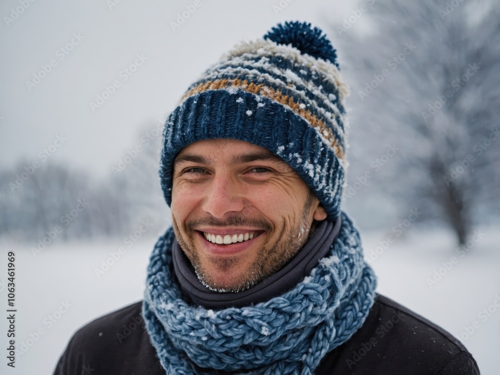 A closeup of a smiling person wearing a knitted hat and scarf, radiating warmth and joy during the winter season A closeup of a smiling person wearing a knitted hat and scarf, radiating warmth and joy during the winter season