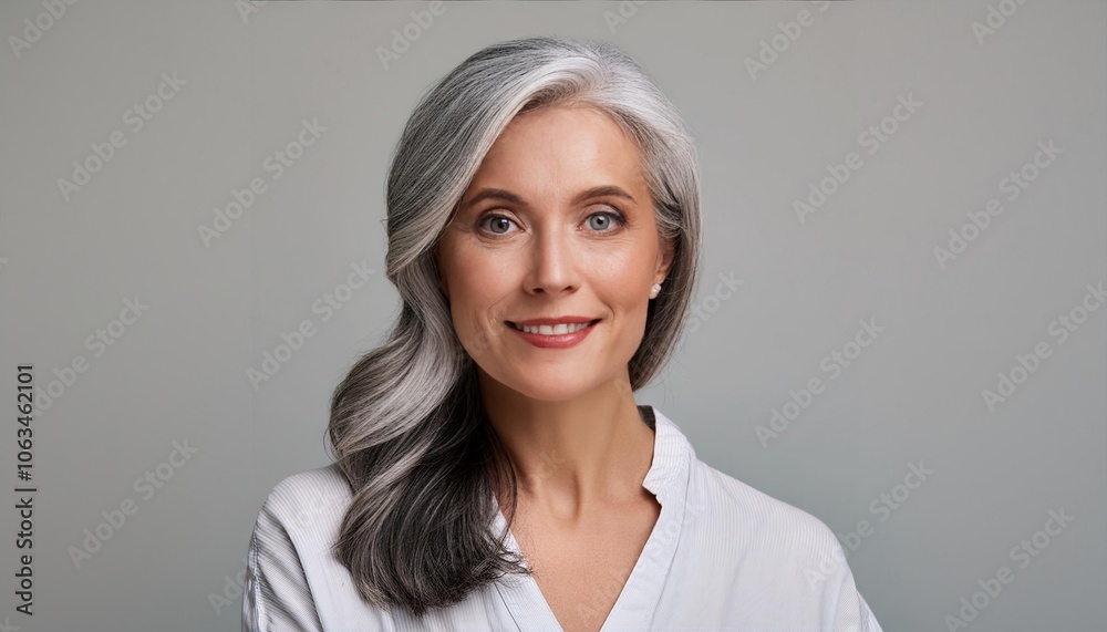 mature woman with grey hair over grey background mature woman with grey hair over grey background
