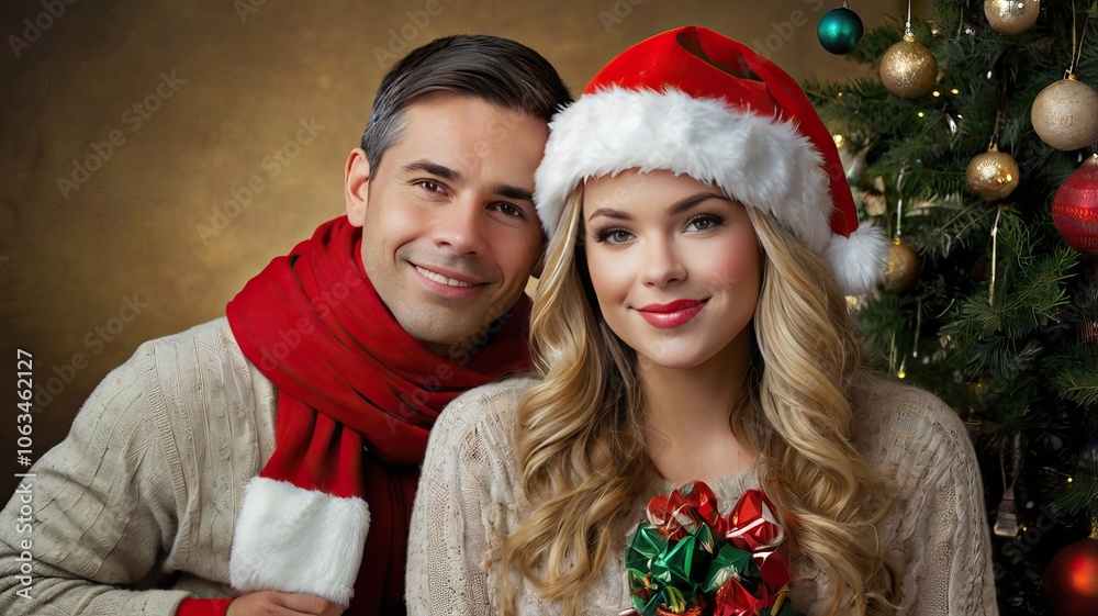 A guy and a girl in a Santa Claus hat A guy and a girl in a Santa Claus hat