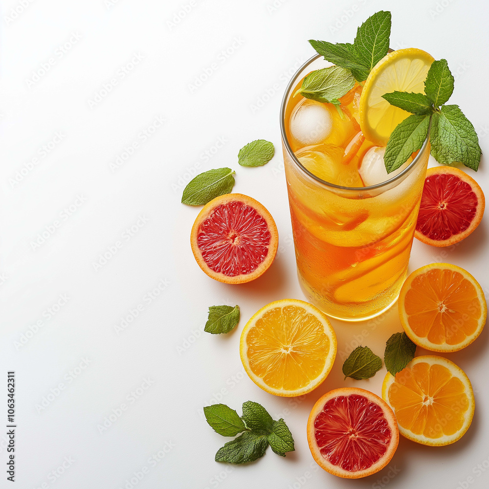 Refreshing citrus drink with lemon, orange, and mint garnishes, surrounded by fresh fruit slices. Perfect for summer day or vibrant gathering