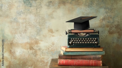 Celebrate Creativity: Vintage Typewriter with Graduation Cap on Poetry Books - Perfect Poster for Artistic Spaces or Study Rooms photo