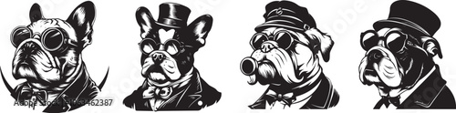 funny Bulldog with a big fluffy mustache and a monocle silhouette. black and white french bulldog.
