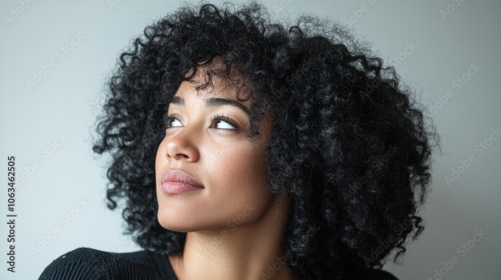 Portrait of a woman with lush, voluminous curls, looking away thoughtfully on a light background Portrait of a woman with lush, voluminous curls, looking away thoughtfully on a light background