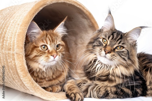 Two adorable Maine Coon cats relaxing together, one inside a basket and the other beside it, on a white background. photo