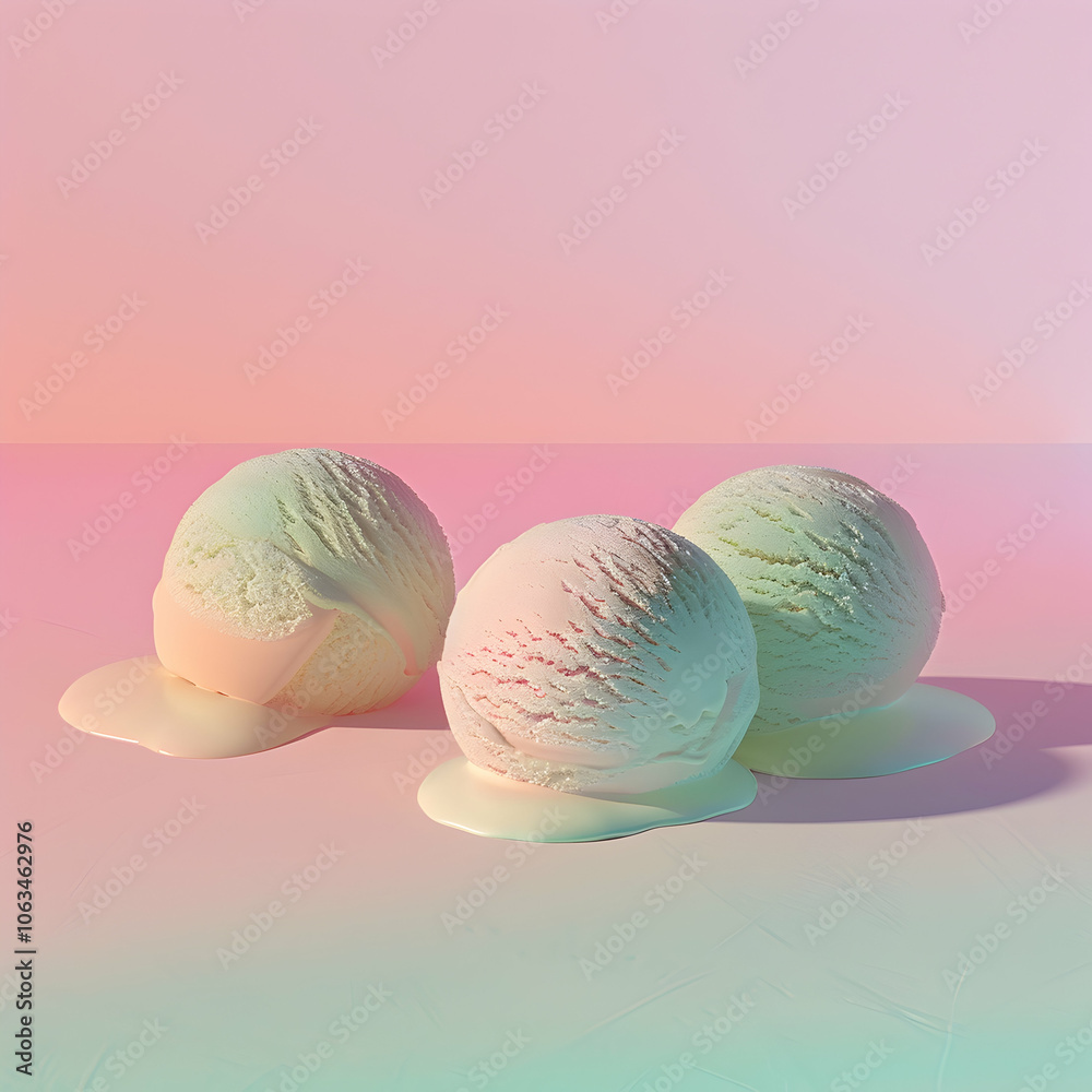 Three scoops of ice cream, set against a pink background with green and blue colors Three scoops of ice cream, set against a pink background with green and blue colors
