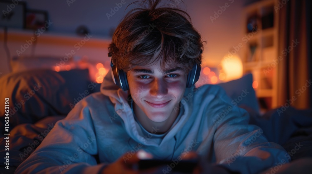 Obraz premium A young man smiles while listening to music with headphones in a cozy, softly lit room.