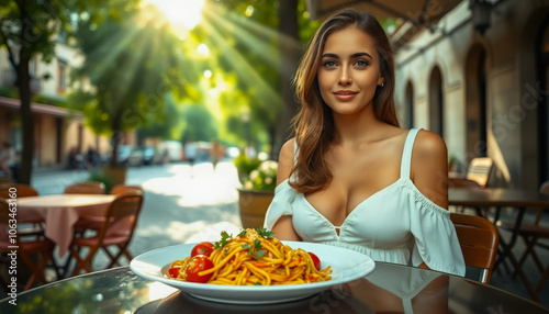 Portrait of a young beautiful woman in a summer dress at a table in a street cafe with a plate of traditional pasta.