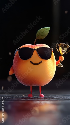 
cute chibbi 3d blender apple character wearing gangster meme sunglasses holding a champion trophy  photo