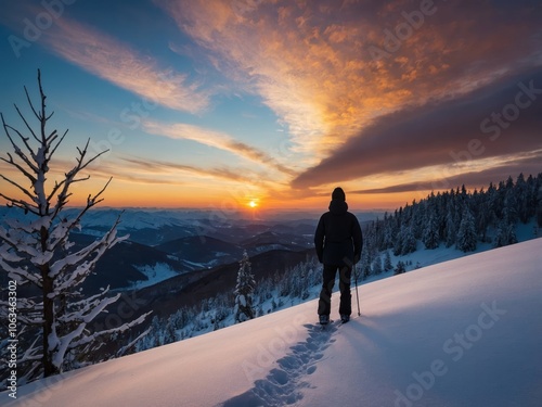 A silhouette of a person standing on a snowy hill, gazing at a stunning winter sunset, creating a serene and contemplative atmosphere photo