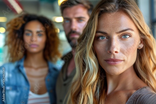 A close-up of a confident woman with two people blurred in the background, capturing a sense of team unity and professionalism.