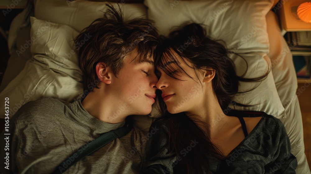 A young couple lovingly caressing while lying close together in bed. The scene is intimate and serene, with warm lighting enhancing the cozy atmosphere. A young couple lovingly caressing while lying close together in bed. The scene is intimate and serene, with warm lighting enhancing the cozy atmosphere.