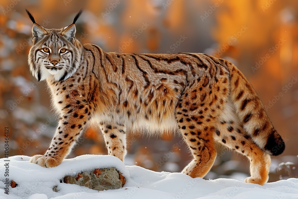 Lynx navigating through a snowy forest landscape while actively searching for food sources Lynx navigating through a snowy forest landscape while actively searching for food sources
