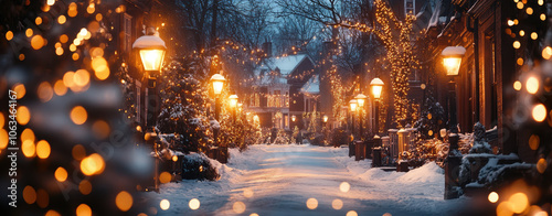 charming Christmas village scene with glowing street lamps illuminating snowy pathway, surrounded by festive decorations and trees. warm lights create magical atmosphere