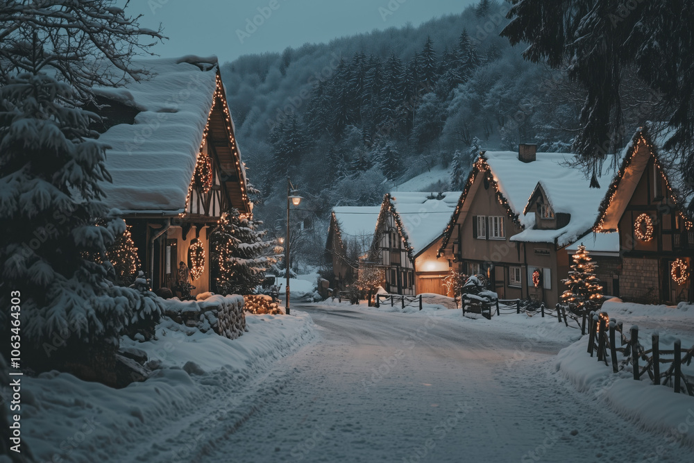 Fototapeta premium Charming snow-covered village with cozy houses adorned with Christmas lights and wreaths, nestled in a peaceful winter mountain landscape at dusk