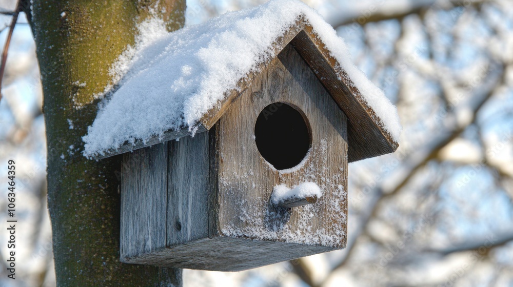 Snow-Covered Birdhouse on Tree Branch with Thin Snow Layer on Roof Snow-Covered Birdhouse on Tree Branch with Thin Snow Layer on Roof