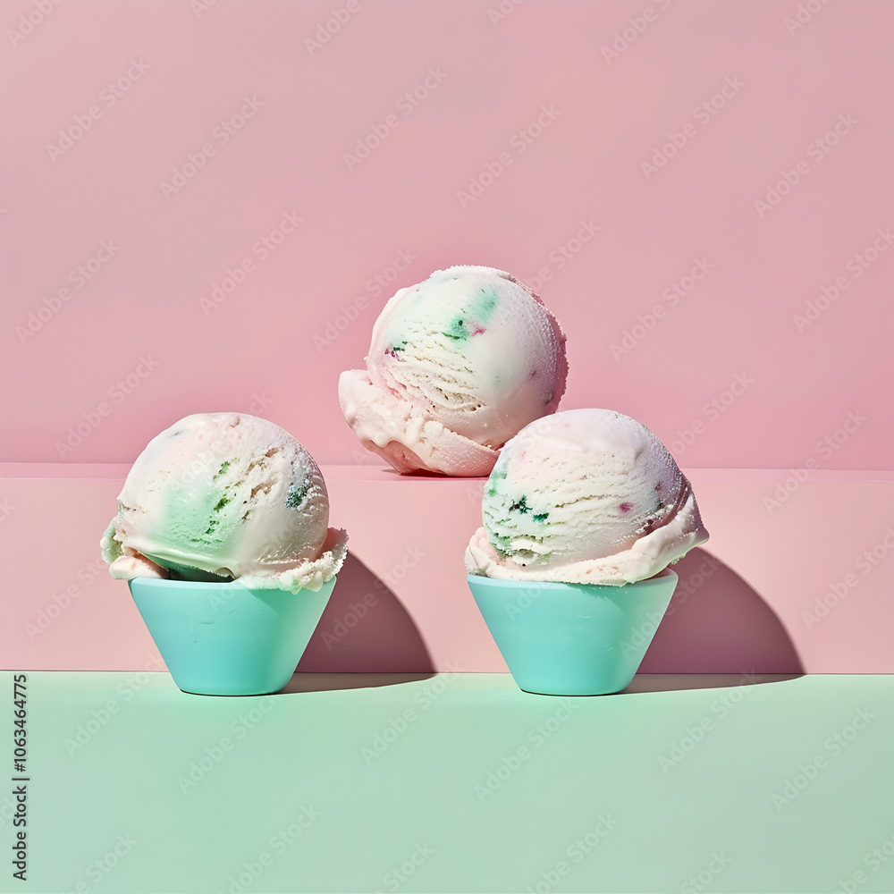 Three scoops of ice cream, set against a pink background with green and blue colors Three scoops of ice cream, set against a pink background with green and blue colors