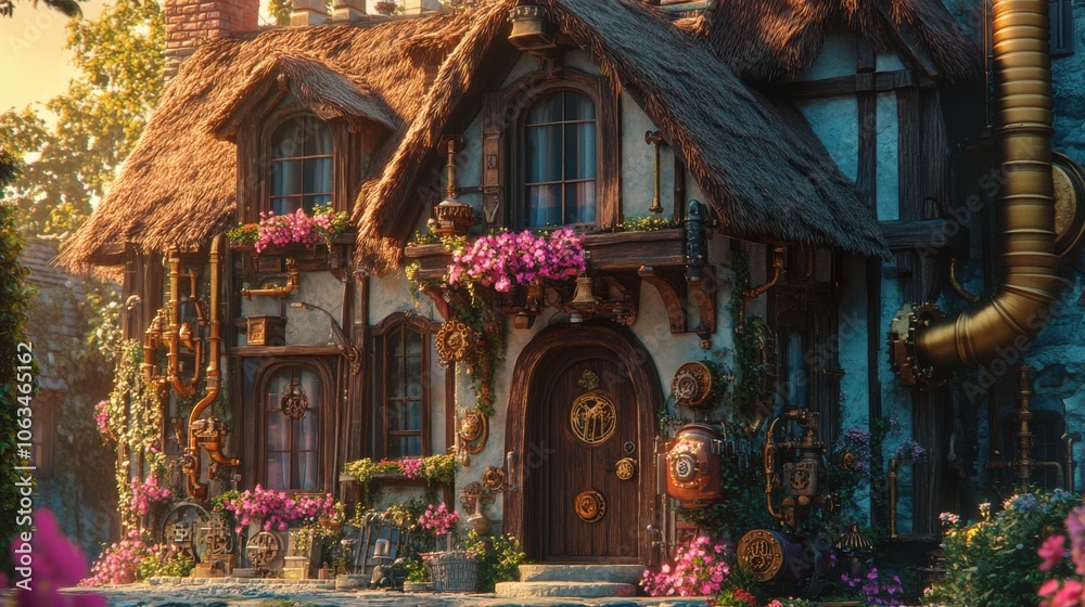 A charming steampunk house with a thatched roof, A charming steampunk house with a thatched roof,
