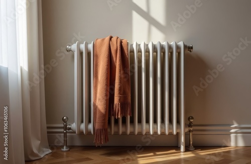 scarf, blanket, shawl on a home radiator. Heating, high tariffs, expensive heat, saving in the household concept photo