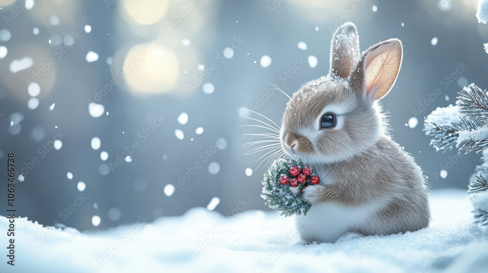 cute bunny holding small holiday wreath in snowy landscape, surrounded by falling snowflakes, creating festive and joyful atmosphere cute bunny holding small holiday wreath in snowy landscape, surrounded by falling snowflakes, creating festive and joyful atmosphere