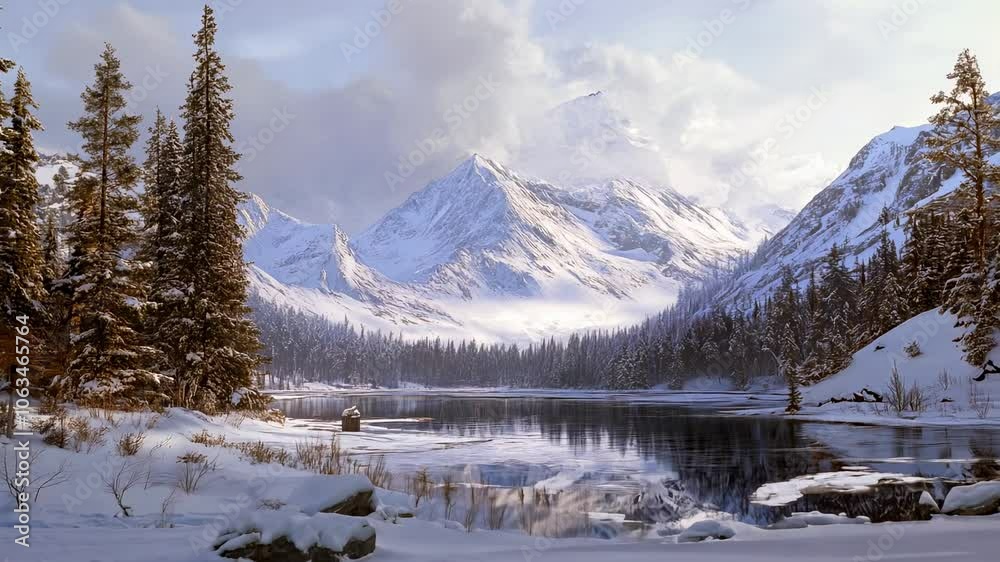 Winter landscape, lake at the foot of majestic mountains Winter landscape, lake at the foot of majestic mountains