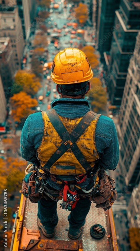 Urban construction worker: High-rise view from safety harness perspective