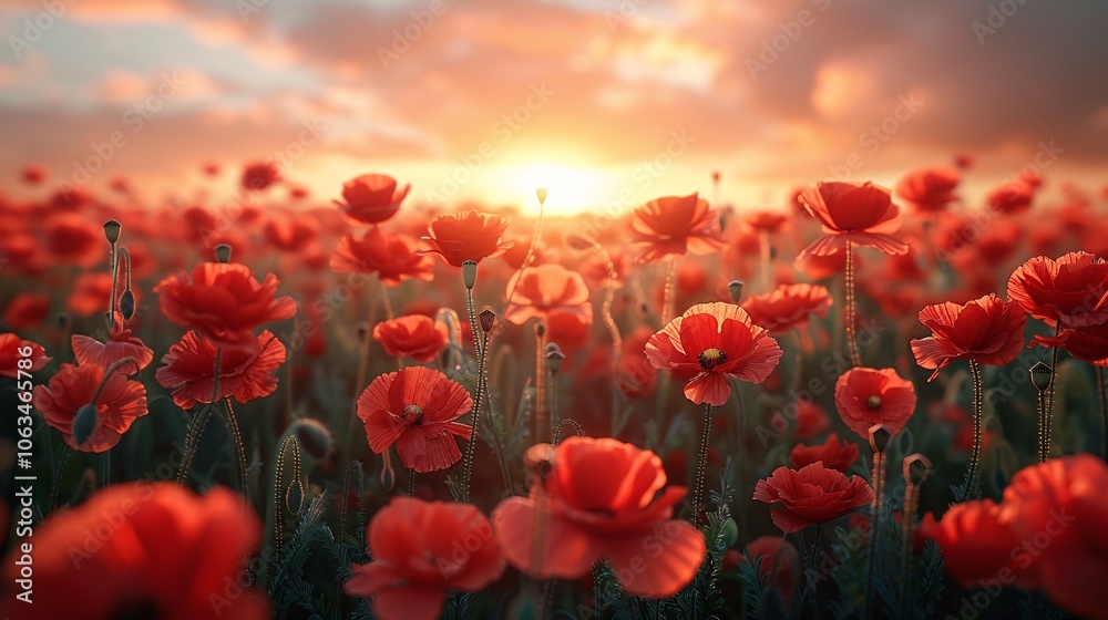 Obraz premium Majestic view of a field of poppies at sunset with beautiful sky
