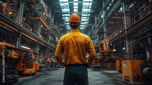 Industrial worker overseeing large warehouse manufacturing facility