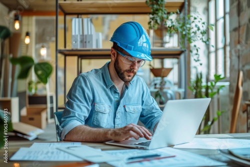 A portrait of a male general contractor working at a computer in his office wearing a blue protective helmet