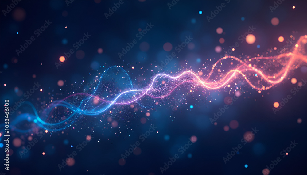 Fototapeta premium Vibrant glowing wave patterns with sparkling particles on a dark background, abstract design, copy space