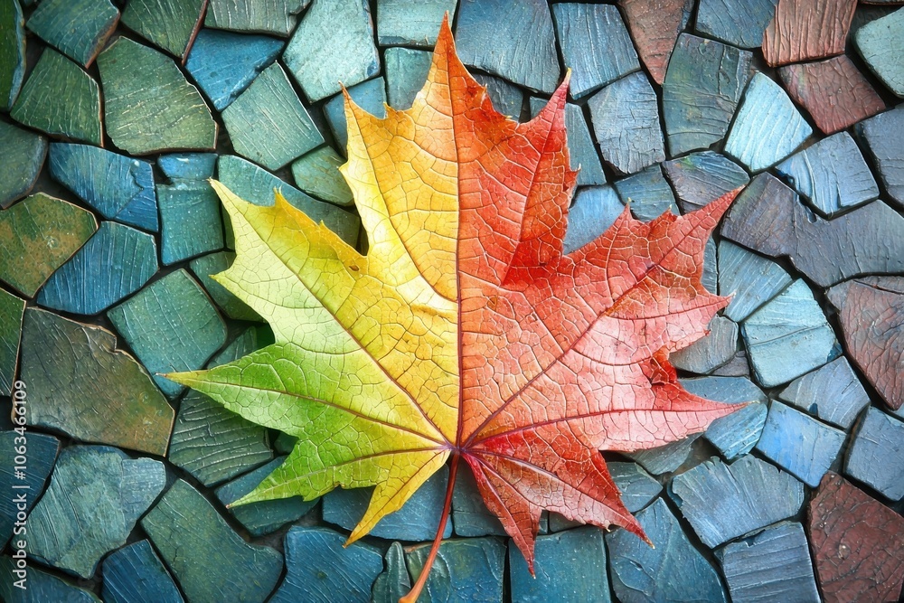A beautiful maple leaf showcasing vibrant colors, resting on a decorative stone background, perfect for autumn-themed designs.