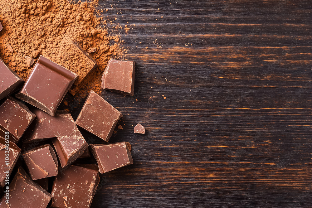 Dark chocolate pieces are arranged artfully with rich cocoa powder, inviting indulgence and creativity in desserts Dark chocolate pieces are arranged artfully with rich cocoa powder, inviting indulgence and creativity in desserts