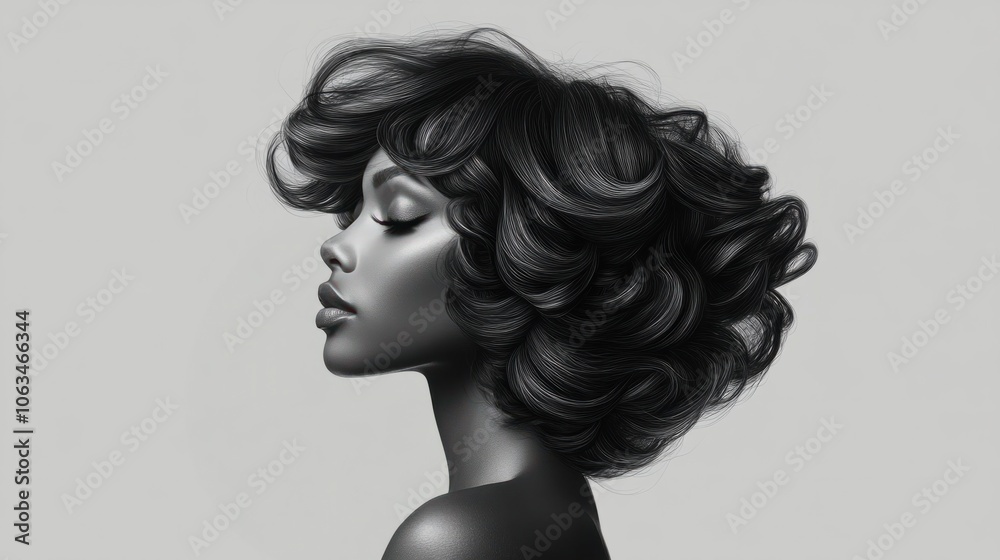 Side view portrait of a woman with voluminous hair flowing over her shoulder, isolated on a soft gray background Side view portrait of a woman with voluminous hair flowing over her shoulder, isolated on a soft gray background