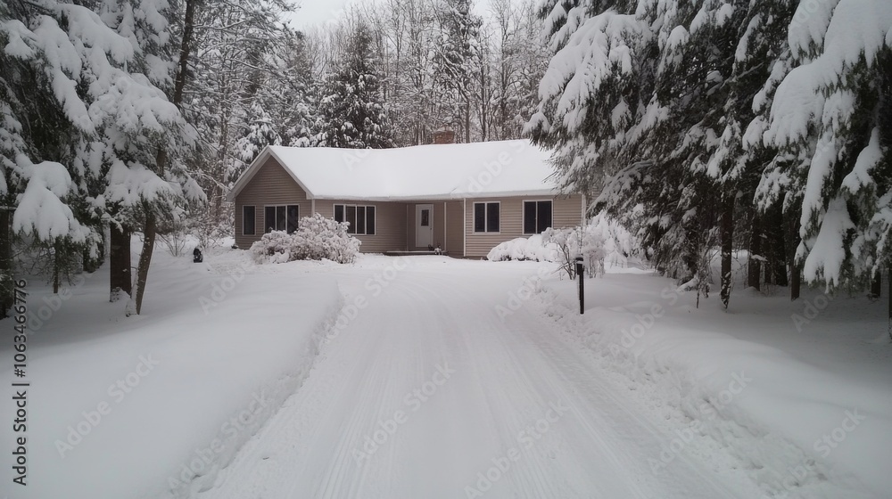 Snow-Covered Driveway Leading to Undisturbed Empty House Snow-Covered Driveway Leading to Undisturbed Empty House