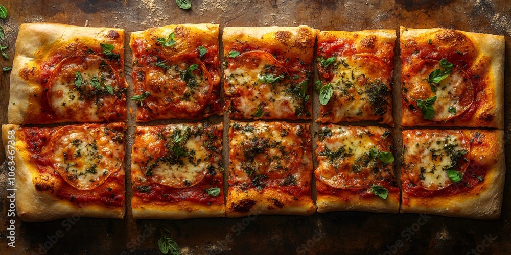 overhead shot of a mouthwatering grandma pizza sliced into ten on a marble table overhead shot of a mouthwatering grandma pizza sliced into ten on a marble table