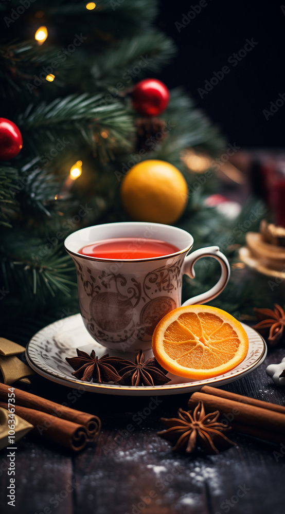 Cup of tea with christmas decorations Cup of tea with christmas decorations