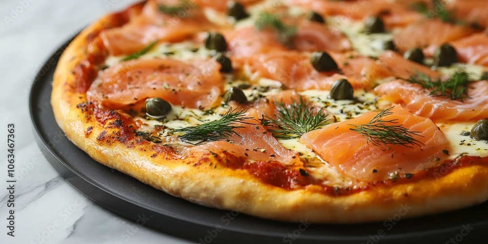 luxurious smoked salmon, dill, creme frache, and caper pizza on a marble backdrop luxurious smoked salmon, dill, creme frache, and caper pizza on a marble backdrop