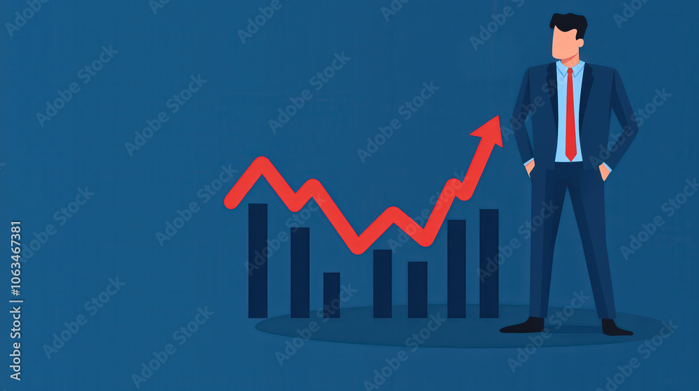 businessman stands confidently beside rising stock market graph, symbolizing growth and success