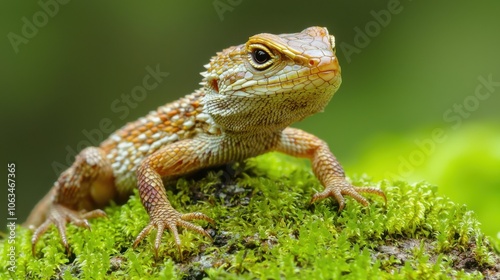 A detailed close-up of a lizard perched on green moss, showcasing vibrant scales and intricate textures in a natural setting. photo