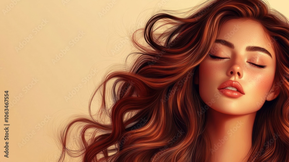 Stylish woman with thick, voluminous hair and natural beauty, isolated on a warm, light background Stylish woman with thick, voluminous hair and natural beauty, isolated on a warm, light background