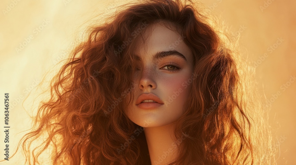 Stylish woman with thick, voluminous hair and natural beauty, isolated on a warm, light background Stylish woman with thick, voluminous hair and natural beauty, isolated on a warm, light background