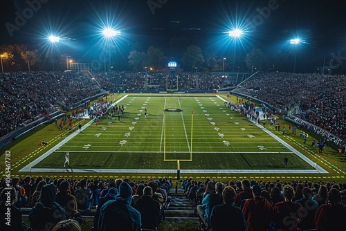 A thrilling high school football game takes place at night, filled with enthusiastic fans cheering on their teams under bright stadium lights