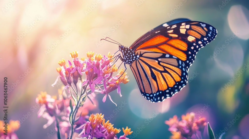 Fototapeta premium A vibrant butterfly perched on a blooming flower, showcasing the beauty of nature in soft, dreamy light.
