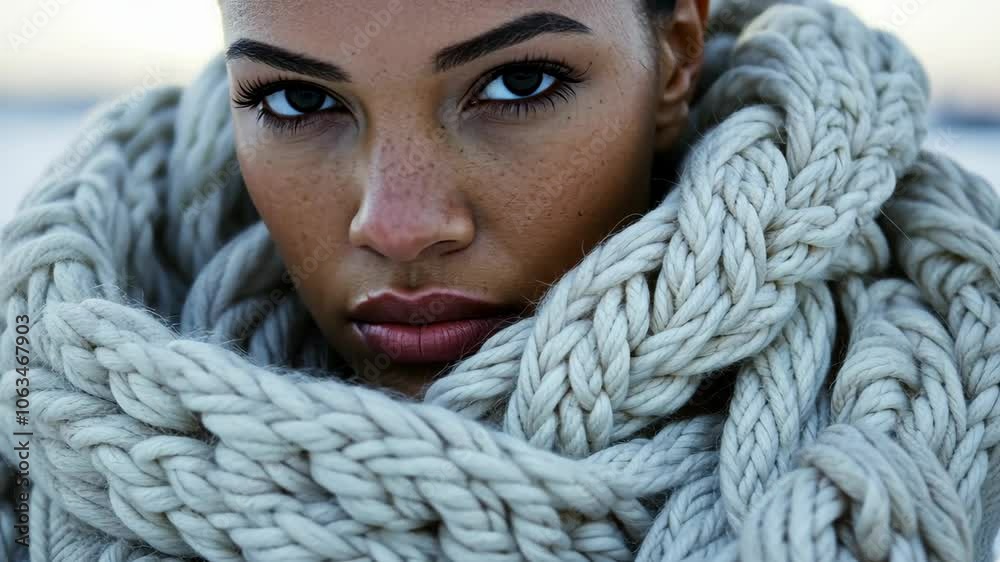 A woman with a close-up view of her face wearing a gray knit scarf, with only her eyes looking at the camera A woman with a close-up view of her face wearing a gray knit scarf, with only her eyes looking at the camera