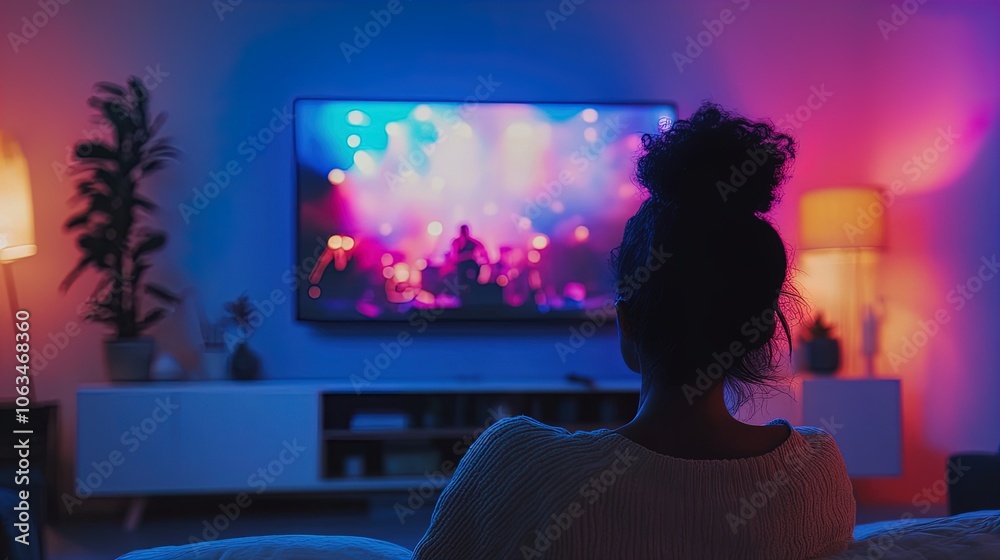 Experience the Thrill: Individual Enjoying a Live Concert Stream in a Stylish Living Space – Perfect as a Poster for Modern Home or Sports Bar Decor! Experience the Thrill: Individual Enjoying a Live Concert Stream in a Stylish Living Space – Perfect as a Poster for Modern Home or Sports Bar Decor!