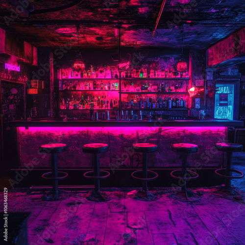 Step into a neon cyberpunk bar where digital decay meets glitchy textures, creating an immersive atmosphere of futuristic nightlife.