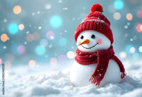 Charming snowman adorned with a red hat and scarf, sitting in a snowy landscape with colorful lights. Perfect for winter and holiday themes, evoking warmth and festive joy.