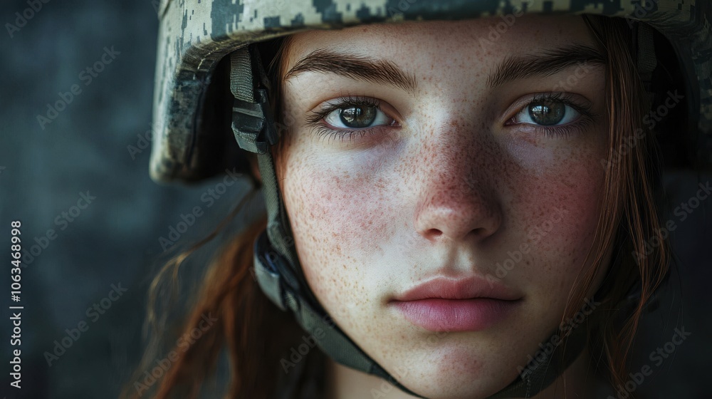 A close-up portrait of a 20-year-old female soldier in a helmet A close-up portrait of a 20-year-old female soldier in a helmet