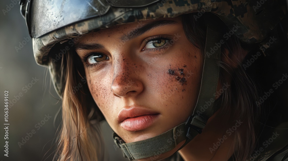 A close-up portrait of a 20-year-old female soldier in a helmet A close-up portrait of a 20-year-old female soldier in a helmet