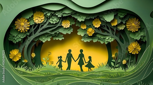 A layered paper cut style depicting a family of four holding hands and walking together through a park filled with lush trees  foliage  and vibrant flowers