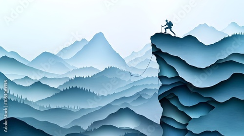 A layered paper cut style depicting a solitary rock climber silhouetted against a rugged atmospheric mountain landscape filled with layered peaks valleys and a moody gradient blue sky photo